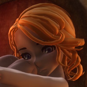 Blonde anime woman sitting in the fetal position in a fancy chair, nude, lit by candle.